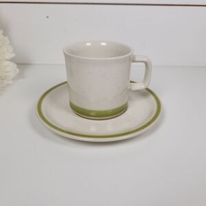 Vintage 70s Stonybrook Speckled Stoneware Green Band Coffee Mug & Saucer Japan